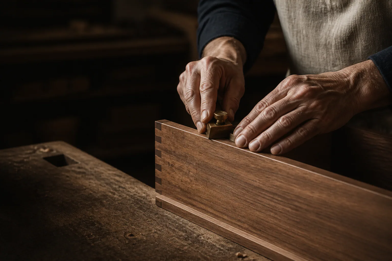 Italian cabinetmaker hand-finishing a walnut drawer