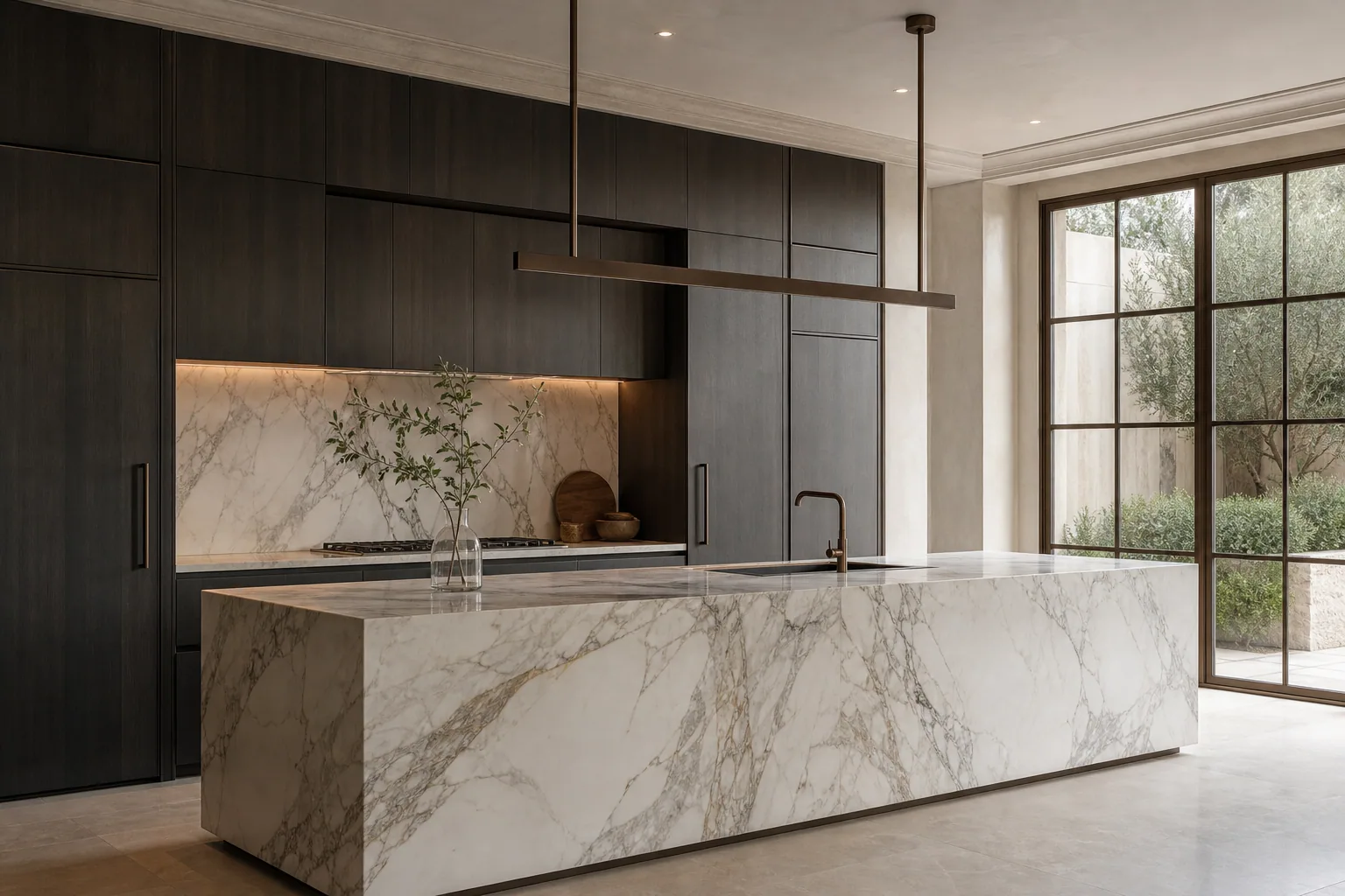 Luxury Italian kitchen with Calacatta marble island and charcoal cabinetry