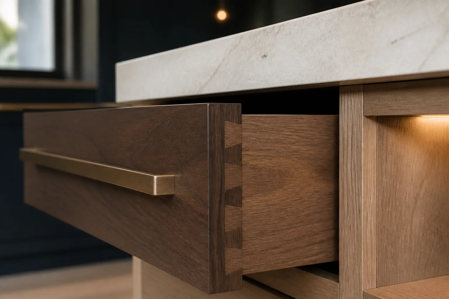 Walnut dovetail drawer and brushed bronze hardware detail