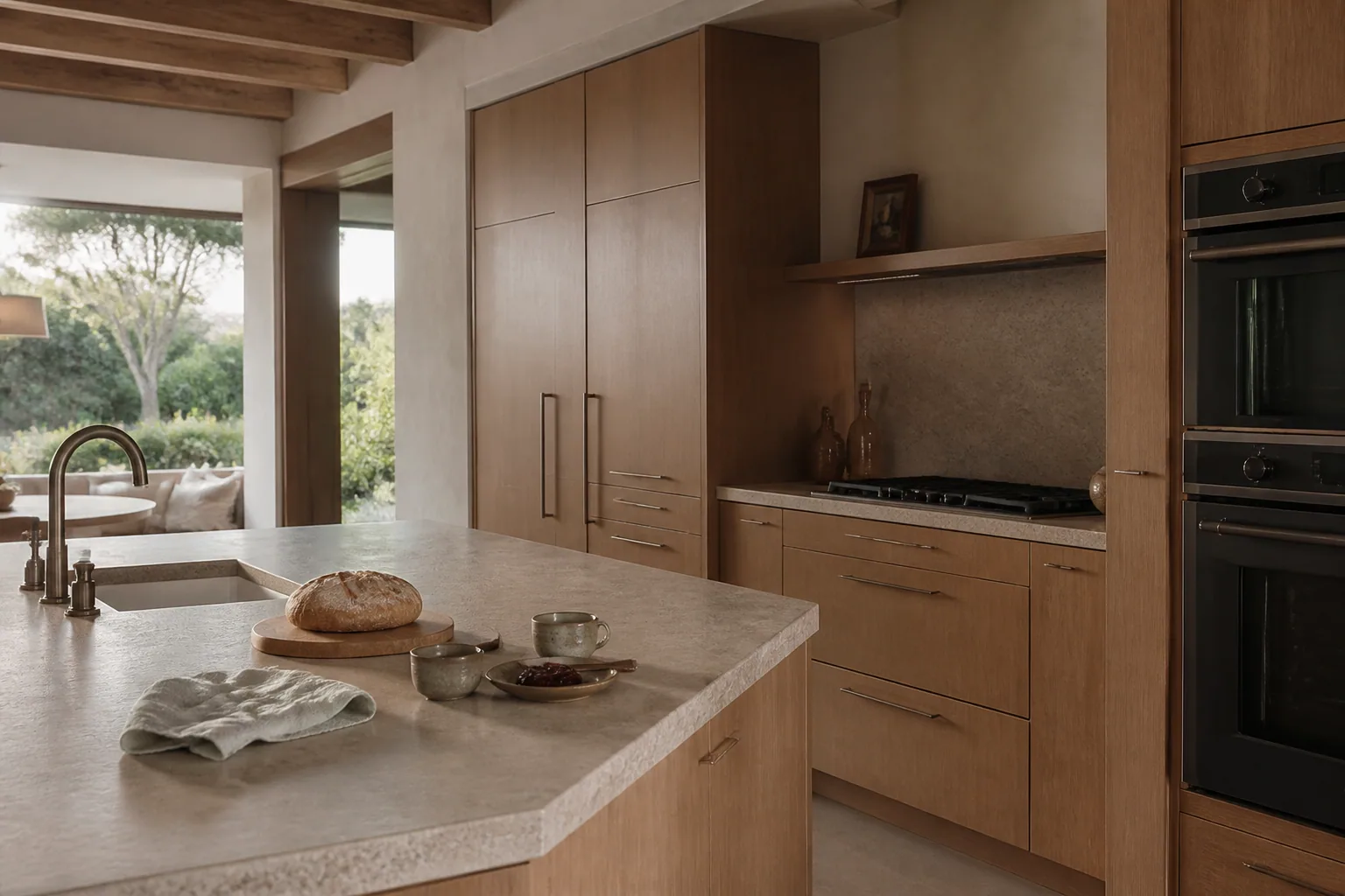 Natural oak Italian kitchen in soft afternoon light