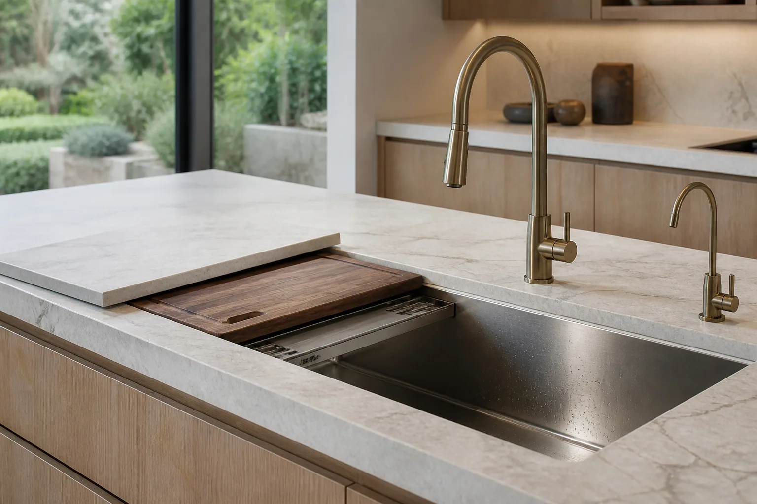 Integrated workstation sink with quartzite, walnut and brushed bronze