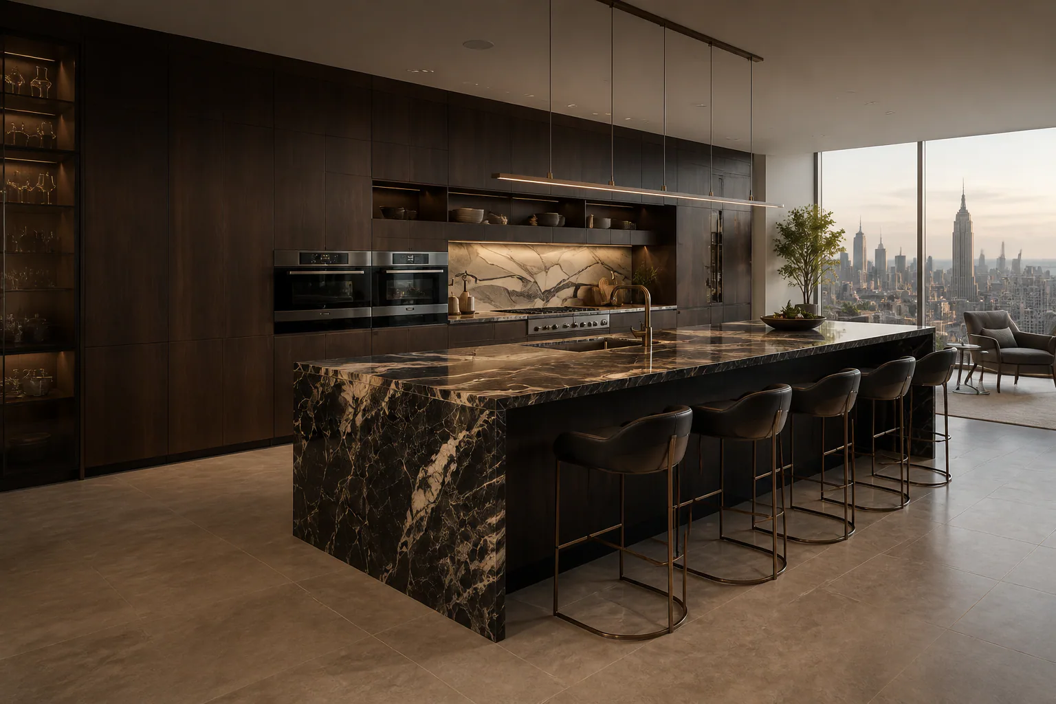 Luxury dark walnut Italian kitchen with a dramatic marble island