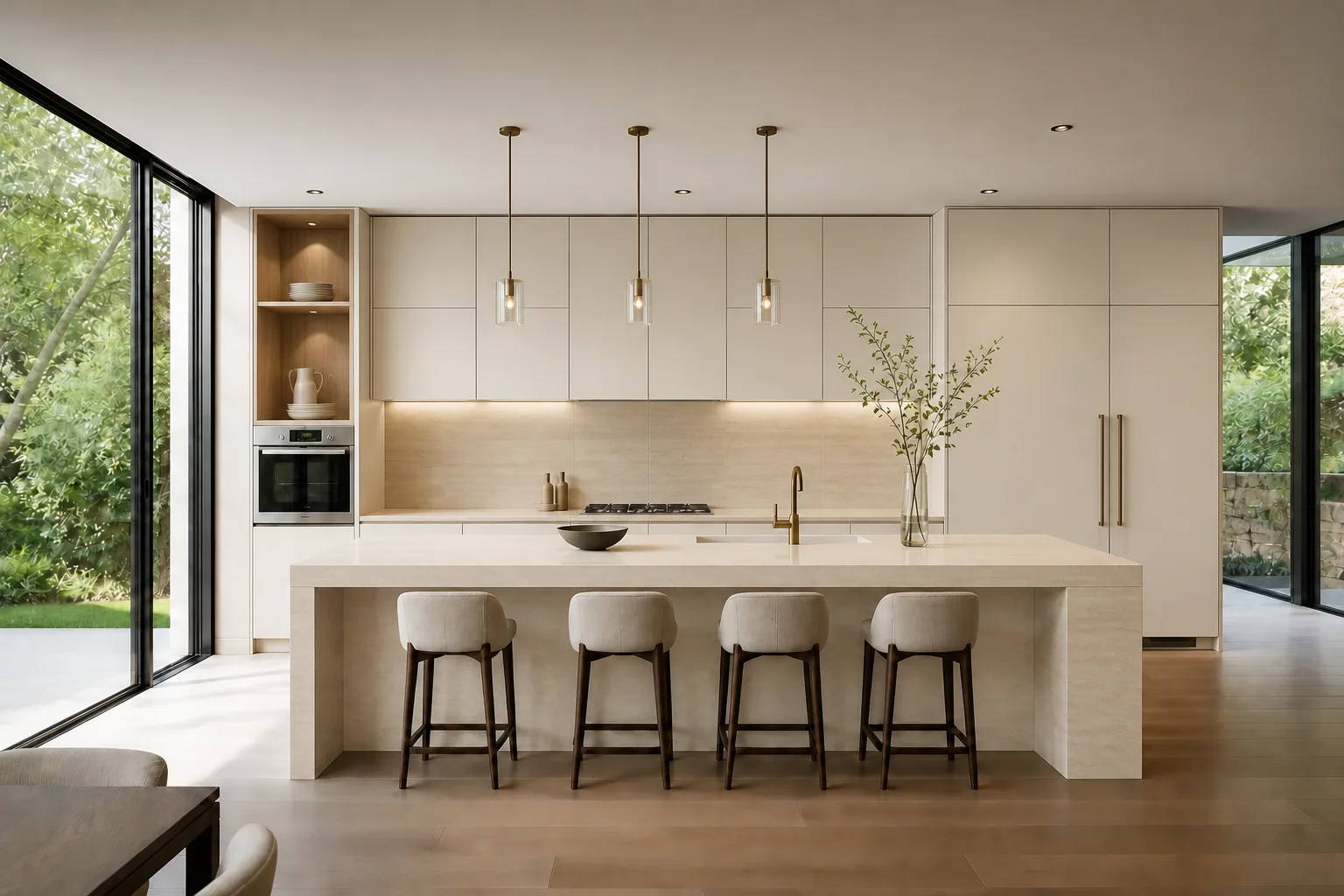 Bespoke Italian kitchen in warm ivory lacquer and stone