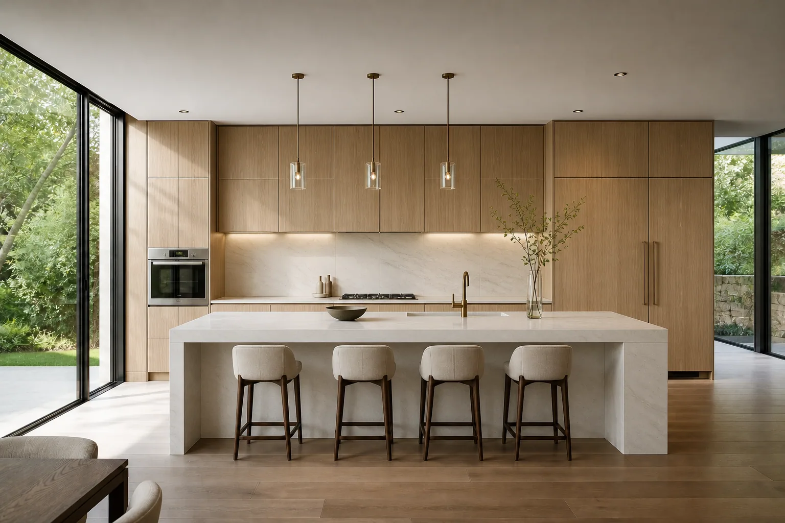 Bespoke Italian kitchen in natural oak and pale stone