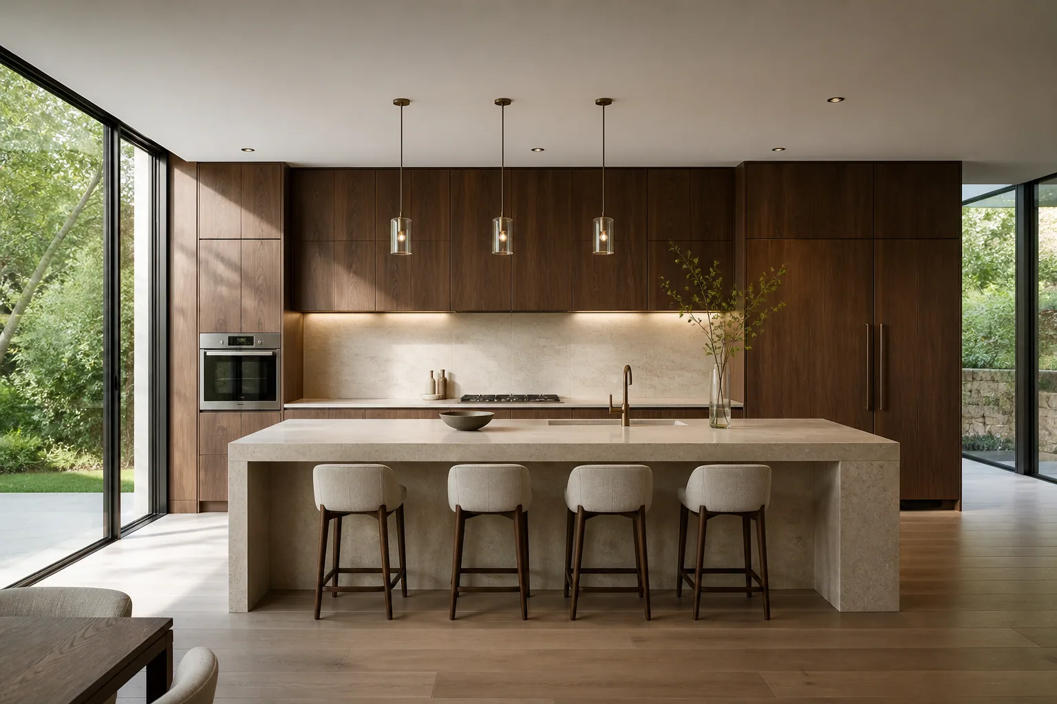 Bespoke Italian kitchen in smoked walnut and warm natural stone